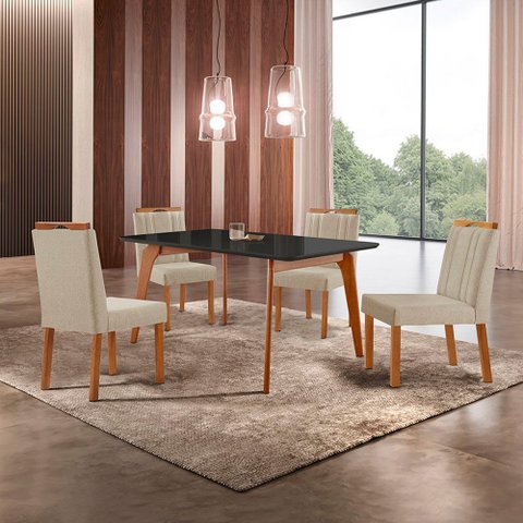 Conjunto Sala de Jantar Mesa Paris Madeira Maciça 140x80cm Tampo Retângular Vidro Preto com 4 Cadeir
