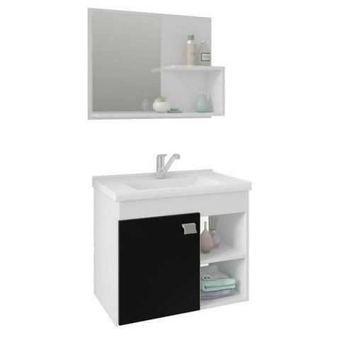 Conjunto para Banheiro com 1 Porta e Cuba Bia-MGM Móveis. - Branco / Preto