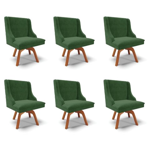Kit 6 Cadeiras Decorativas Sala de Jantar Base Giratória de Madeira Firenze Suede Verde Esmeralda/Na