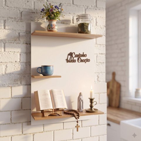 Prateleira Cantinho da Oração Painel Suspenso MDF Branco Amadeirado Letra 3D