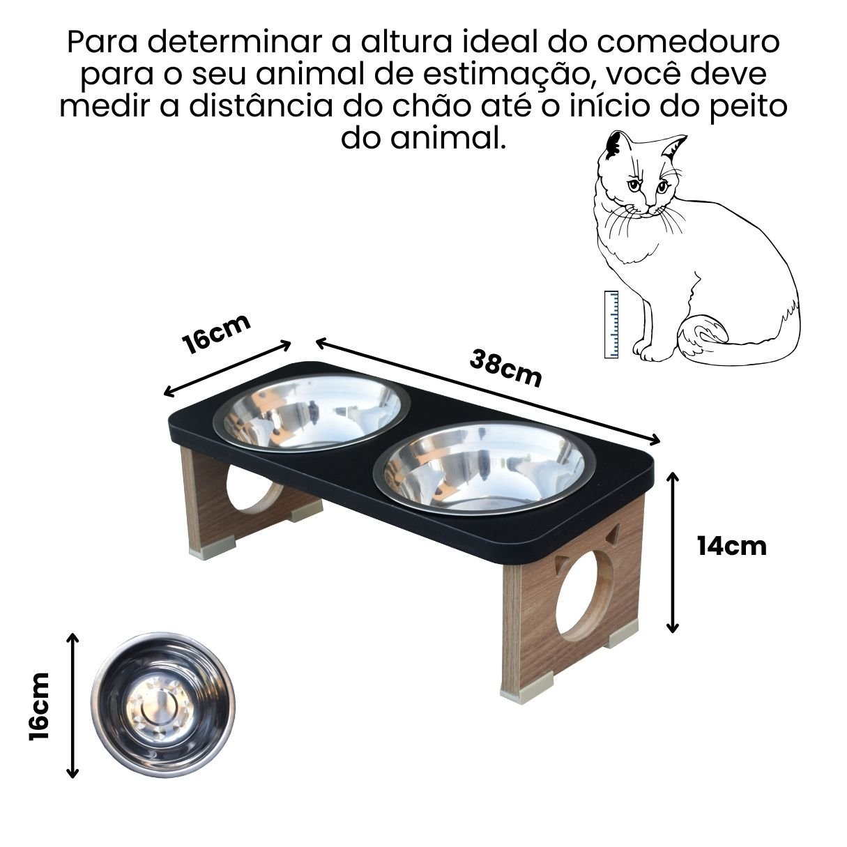 Comedouro Elevado Duplo Pet Gato Mdf Colors Preto - Inox - 3