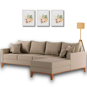 Sofá Beny com Chaise Direita, 2,60x1,40m, 4 Lugares, Linho, Base em Madeira. (bege)
