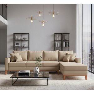 Sofá Beny com Chaise Direita, 2,60x1,40m, 4 Lugares, Linho, Base em Madeira. (bege)