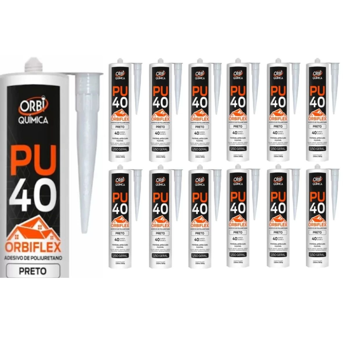 Kit 12 Cola Pu 40 Flex Silicone Selante 380g Orbi Preto - 3