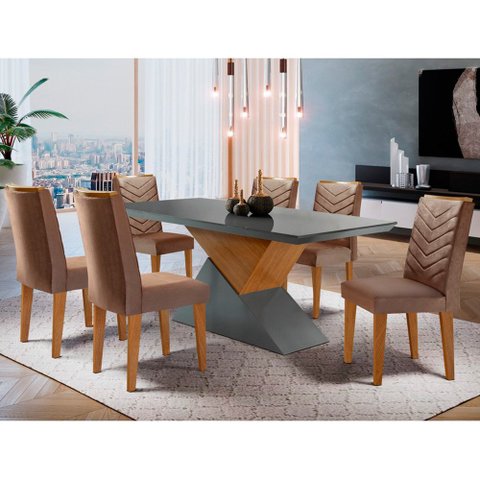 Mesa Aster 180 Tampo em MDF Canto Reto com 6 Cadeiras Liz Moderna