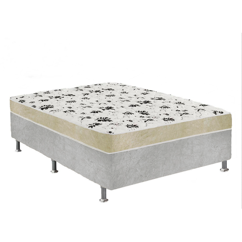 Cama Box Casal Suede Cinza + Colchão Casal Suede Bege Orto Molas Ensacada 138x188x55