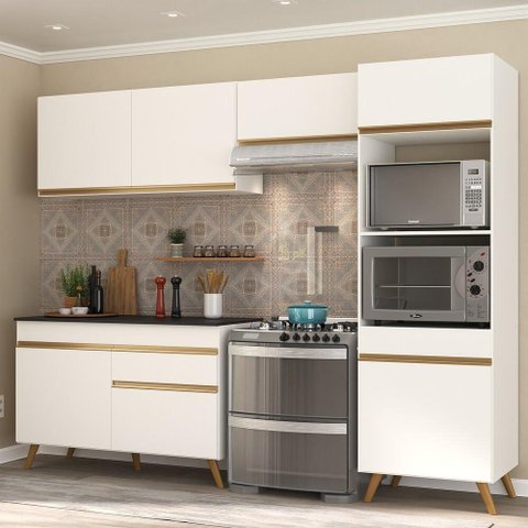 Armário de Cozinha Compacta 252cm Veneza Multimóveis V3693 Branco/dourado