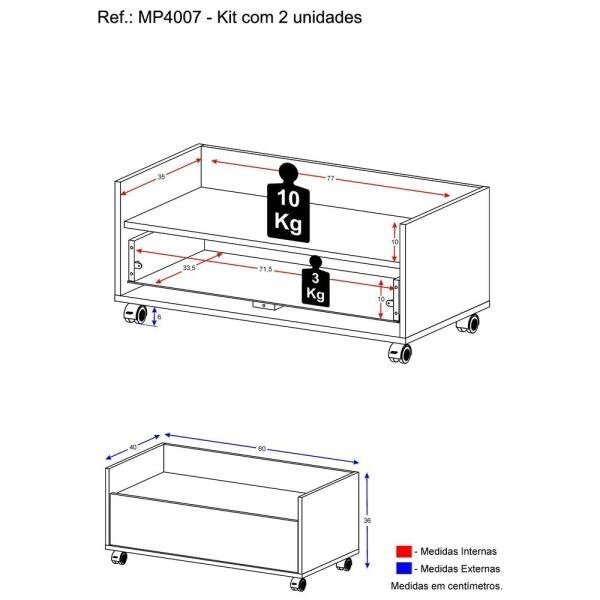 Kit com 2 Mesas de Cabeceira 80cm com Rodízios Multimóveis Branca - 4