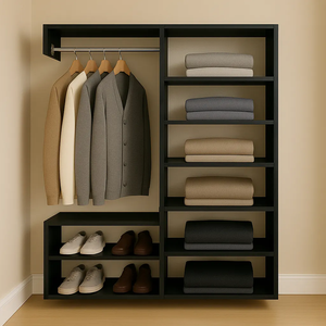 Closet Estante Supenso Mdf Aberto com Cabide e Sapateira de Parede:preto
