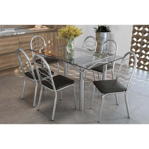 Sala de Jantar Completa Elba C/ Tampo de Vidro 150cm e 6 Cadeiras Holanda Cromada - Courano Preto -