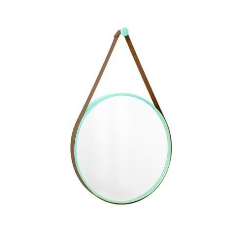 Espelho Decorativo Adnet Verde Alça Corino 50cm Redondo Alça Corino Caramelo