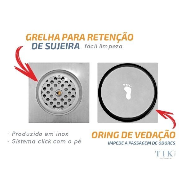 Kit 04 Ralo Click Quadrado 10x10 Inox Veda Cheiro e Insetos - 2