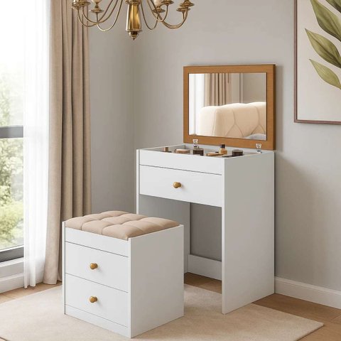 Penteadeira com Gavetas Espelho e Banqueta Branco/nature Olivia Mdf
