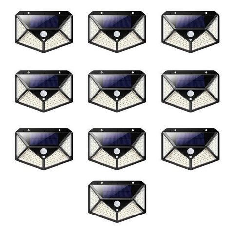 Luminária Solar 100 LEDs Branco Quente Sensor de Movimento Presença Kit 10 Uni 3 Funçoes Lâmpada
