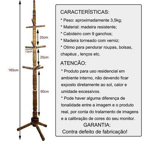 Cabideiro Mancebo Rajado Piso Madeira C/9 Ganchos Organização - 2