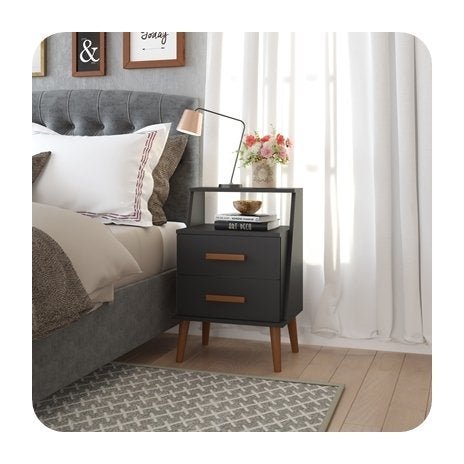 Mesa de Cabeceira Quarto Estilo Retrô Pés Palito 2 gavetas cor Preto - Comprar Moveis em Casa - 1