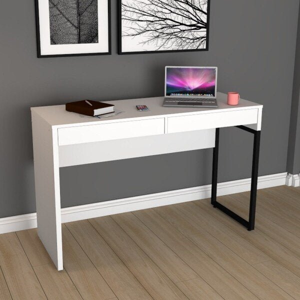 Mesa Escritório Estilo Industrial 120cm 2 Gavetas Kendra F02 Branco - Mpozenato - 2