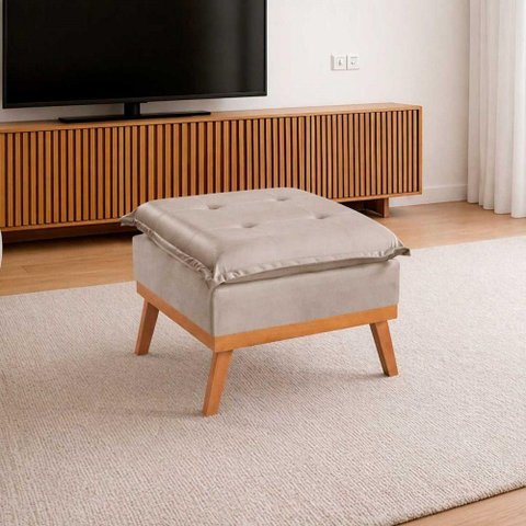 Puff Quadrado mm-35 Pillow Veludo Bege Pé Madeira Martins Estofados