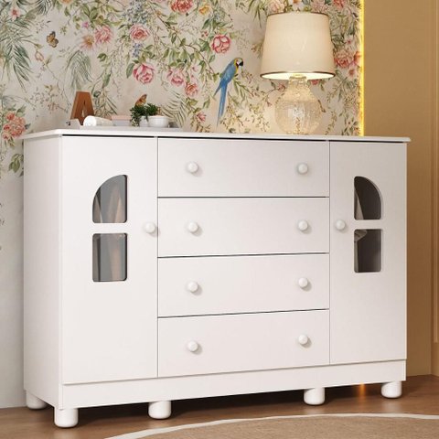 Cômoda Infantil 125cm 2 Portas com Vidro e 4 Gavetas Nina Multimóveis Mp4506 Branco