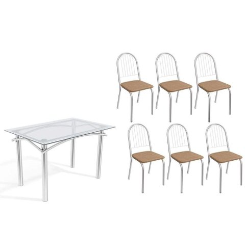 Conjunto: Mesa Sala Jantar Elba C/ Tampo de Vidro 120cm e 6 Cadeiras Noruega Cromada - Courano