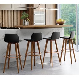 Kit 4 Banquetas Altas Luxo Versatil Aço Cobre Linho Preto Base Carvalho - 1