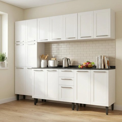 Cozinha Modulada 5 Peças em Aço com Paneleiro e 2 Balcões com Tampo Casuá Florença Branco/Grafite