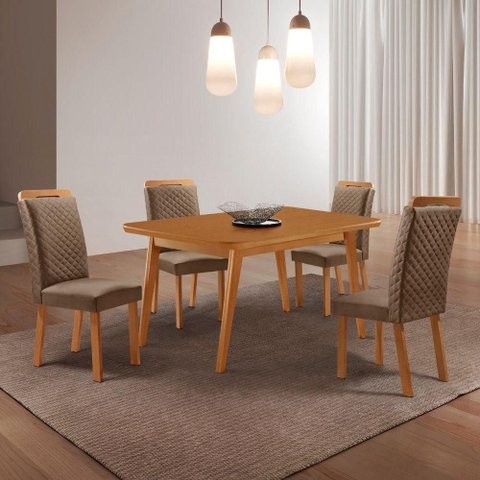 Conjunto de Jantar Copper 4 Lugares Tampo MDF Cadeiras Lorena Veludo Creme 120cm Moderna