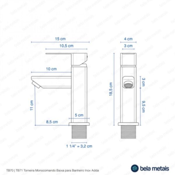 Torneira Baixa para Banheiro Monocomando 18,5x16cm Inox Adda Bela Metais - 3