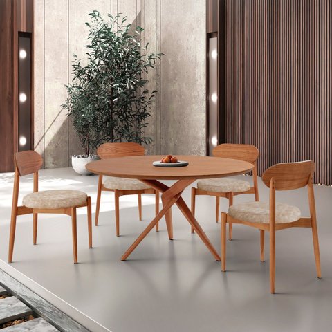 Conjunto Sala de Jantar Mesa 135cm Tampo Redondo Laminado e 4 Cadeiras Hope Marrom/Milano/Imbuia