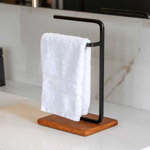 Suporte Porta Toalha de Rosto Duplo Bancada de Banheiro Base de Madeira - Édecasamóveis