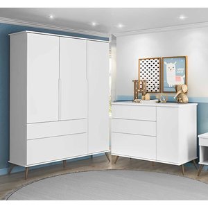 Quarto Branco Melinda com Guarda Roupa 3 Portas, Cômoda 1 Porta 100% mdf - Phoenix Baby