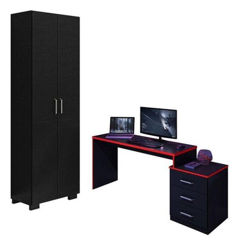 Mesa Computador Gamer Drx 5000 e Livreiro Office c/Portas Grandes Preto Trama Vermelho-Móveis Leão