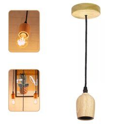 Lustre Pendente Rústico Redondo Oval em Madeira Tampa Canopla Regulável 1,20m para Teto Fio Pp Bocal - 1