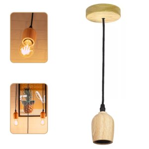 Lustre Pendente Rústico Redondo Oval em Madeira Tampa Canopla Regulável 1,20m para Teto Fio Pp Bocal