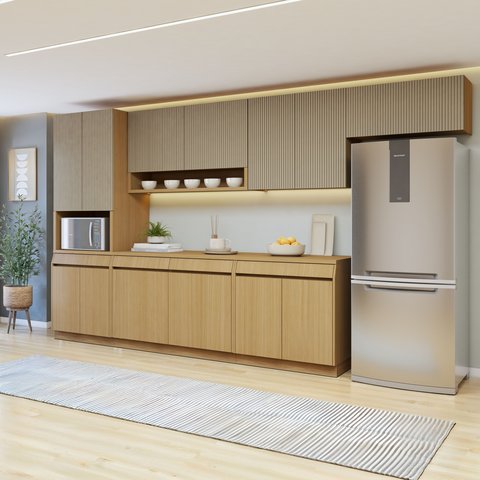 Cozinha Completa Modulada 6 Peças 13 Portas 4 Gavetas com Rodapé 100% MDF Simone Mendes Marrom/Carvalho/Greige