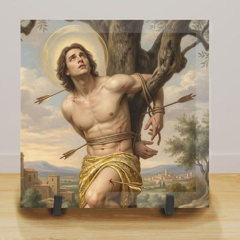 Quadro Azulejo Decorativo de Mesa São Sebastião Católico Jesus Cristo