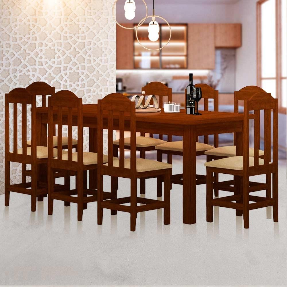 Conjunto Mesa de Jantar Madeira Maciça Safira com 8 Lugares Estofados Castanho Jm Móveis