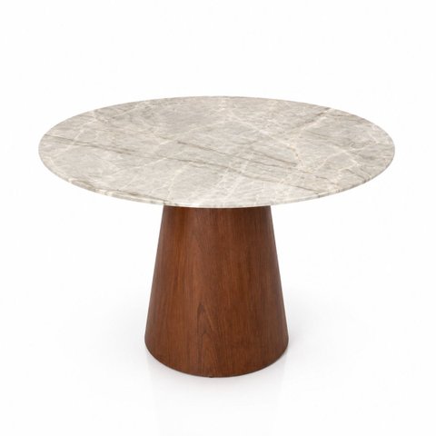 Mesa de Jantar Cone Redondo 110 cm Tampo Mármore Taj Mahal Base Nogueira