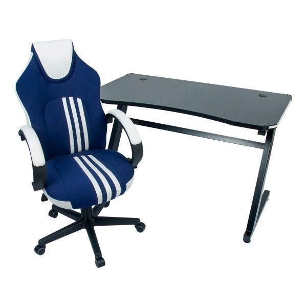 Conjunto Mesa Gamer Led Pelegrin Pel-007P Preta e Cadeira Gamer Pelegrin Pel-3005 Azul, Branca E