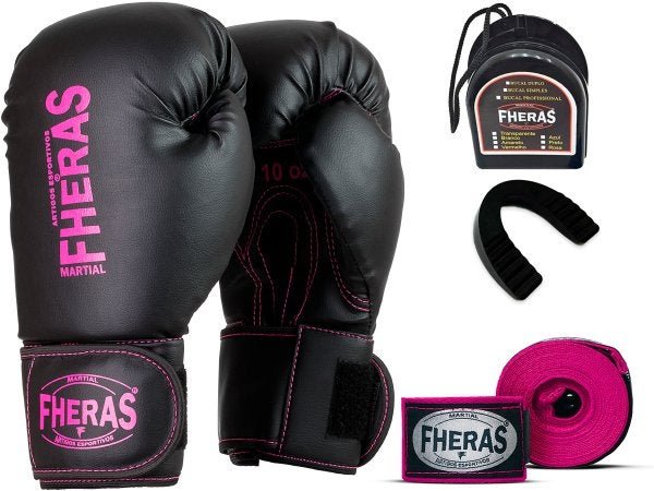 Kit Luva de Boxe Muay Thai MMA Pro Bandagem Pink Bucal 14oz