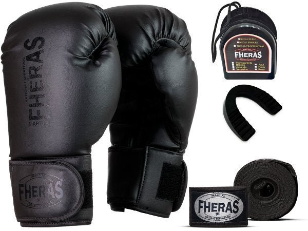 Kit Luva de Boxe Muay Thai MMA Pro Black Bandagem Bucal 12oz - 1