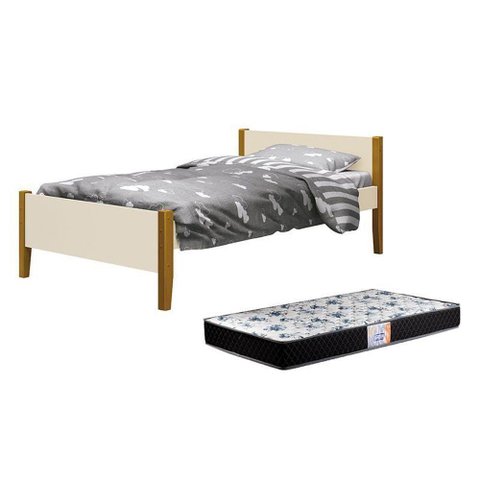 Cama Solteiro Simba Areia Fosco com Pés Amadeirado e Colchão D33 Reller Móveis