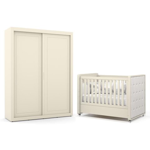 Jogo de Quarto Infantil Tutto New Guarda Roupa 2 Portas e Berço Off White com Capitonê - Matic Mó