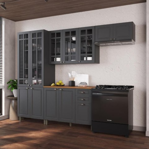 Armário de Cozinha Modulada Compacta Fidelitá Nara 100% MDF 4 Peças 280cm 12 Portas 2 Gavetas com
