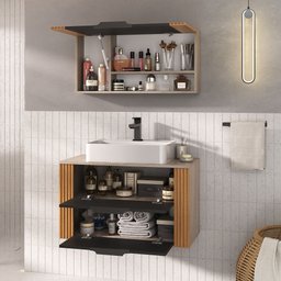 Conjunto Gabinete Banheiro Taos 80cm (armário + Cuba + Espelheira + Tampo Vidro) - 3