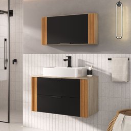 Conjunto Gabinete Banheiro Taos 80cm (armário + Cuba + Espelheira + Tampo Vidro) - 1