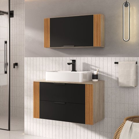 Conjunto Gabinete Banheiro Taos 80cm (armário + Cuba + Espelheira + Tampo Vidro)