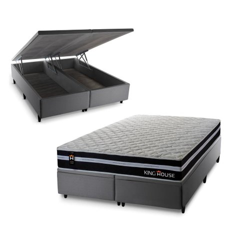 Conjunto Box Baú Super King Durham Cinza 193x203x67 c/ Molas Ensacadas