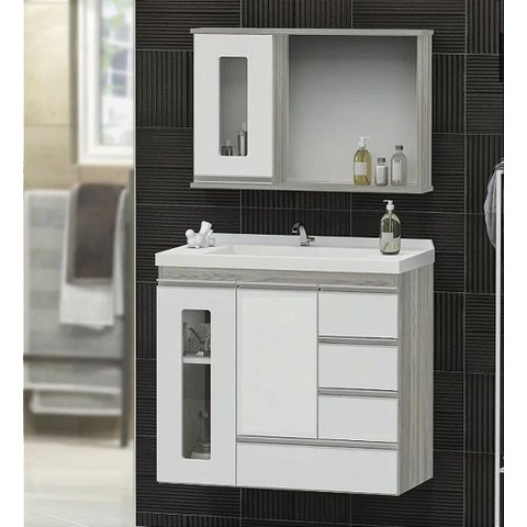 Kit Gabinete Banheiro Mdf 80cm com Cuba e Espelheira Premium:madeirado/branco
