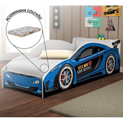 Cama Quarto Carro Infantil Baú com Colchão Grade de Proteção
